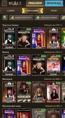 Živé stoly Realz na mobilu s českou navigací